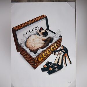 Wall Art Brown Patterned Box with Black Heels and Cat Art 16” x 20”